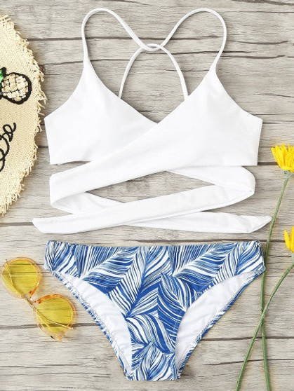 Wrap up lace up blue leaf 2 piece bikini set