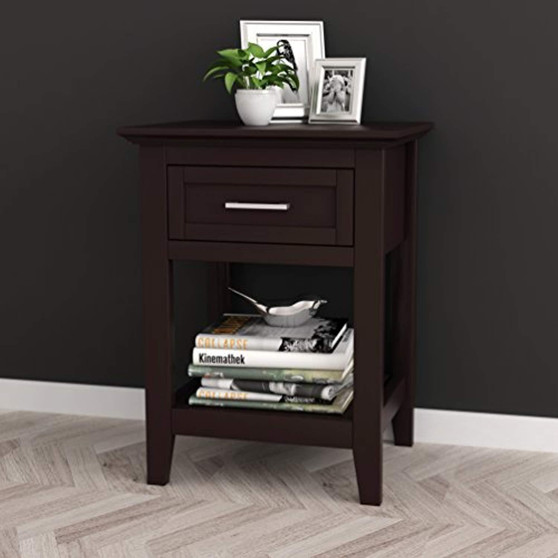 Espresso Finish Modern Nightstand Side End Table with Lower Shelf and Drawer