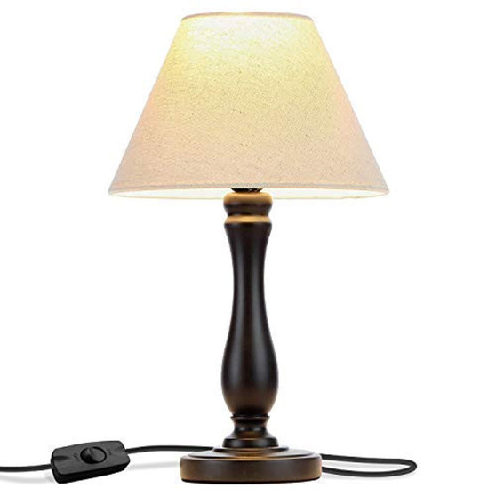 Brightech Noah LED Side Bedside Table & Desk Lamp: Traditional Elegant Black Wood Base, Neutral Shade & Soft, Ambient Light for Bedroom Nightstand, Living Room, Office; Incl. LED Bulb, Cord