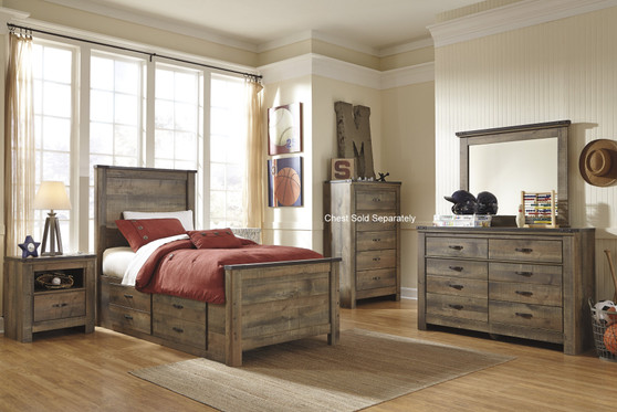 Cremona Brown Casual Bedroom Set: Twin Panel Bed with 2 Drawer Storage, Dresser, Mirror, 2 Nightstands