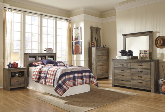 Cremona Brown Casual Bedroom Set: Twin Bookcase Headboard, Dresser, Mirror, 2 Nightstands, Chest