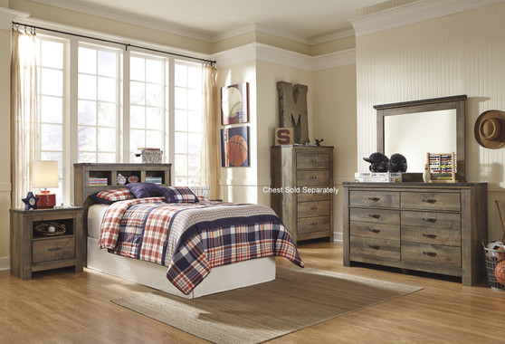Cremona Brown Casual Bedroom Set: Twin Bookcase Headboard, Dresser, Mirror, 2 Nightstands