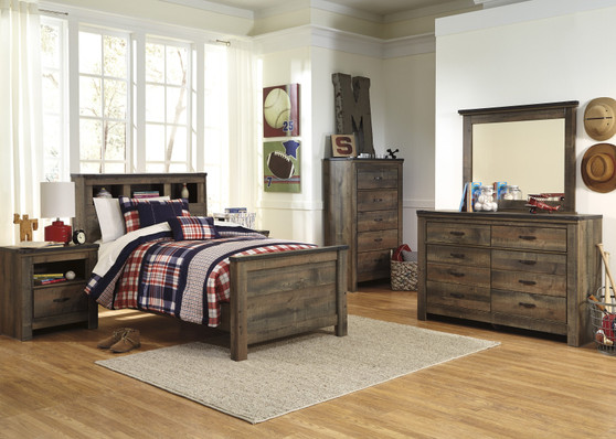 Cremona Brown Casual Bedroom Set: Twin Bookcase Bed, Dresser, Mirror, 2 Nightstands, Chest