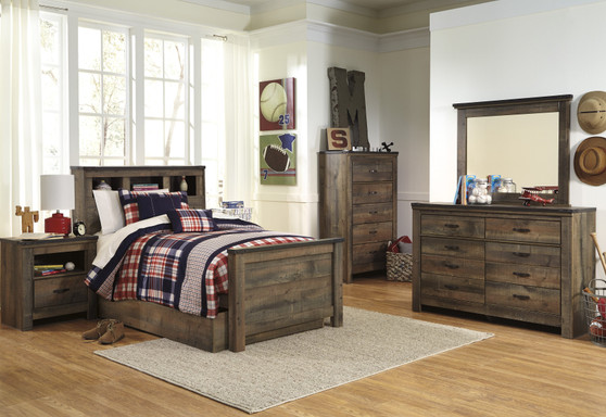 Cremona Brown Casual Bedroom Set: Twin Bookcase Bed with Underbed Storage, Dresser, Mirror, Nightstand, Chest