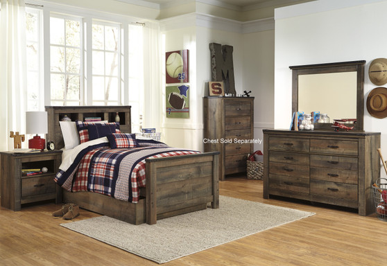 Cremona Brown Casual Bedroom Set: Twin Bookcase Bed with Underbed Storage, Dresser, Mirror, Nightstand