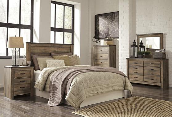 Cremona Brown Casual Bedroom Set: Queen Panel Headboard, Dresser, Mirror, 2 Nightstands, Chest