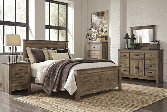 Cremona Brown Casual Bedroom Set: Queen Panel Bed, Dresser with Doors, Mirror, Nightstand, Chest