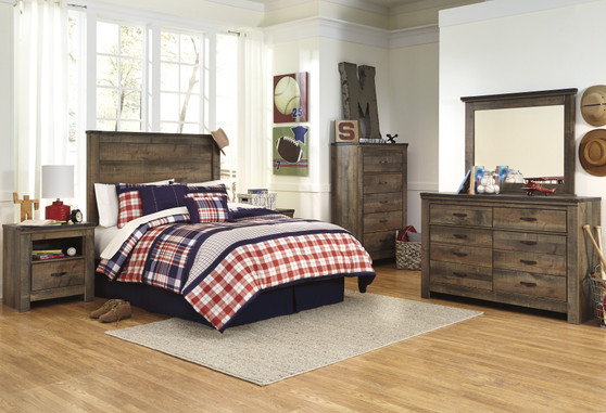 Cremona Brown Casual Bedroom Set: Full Panel Headboard, Dresser, Mirror, 2 Nightstands, Chest