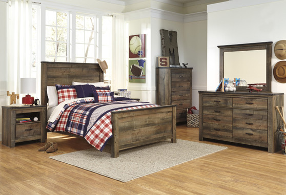 Cremona Brown Casual Bedroom Set: Full Panel Bed, Dresser, Mirror, Nightstand, Chest