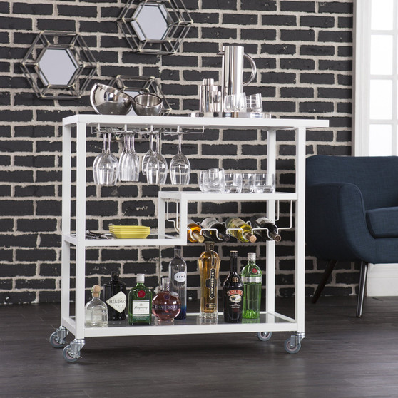 Agnes Contemporary White with Smoky Gray Metal And Glass Bar Cart