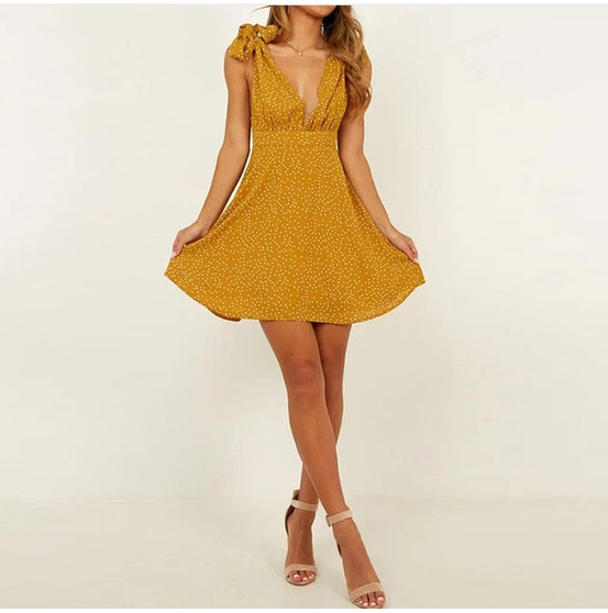 Casual Yellow Polka Dot Backless Sexy Mini Wrap Chiffon Dress