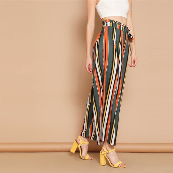 Boho Self Belted Split Side Colorful Striped Pants