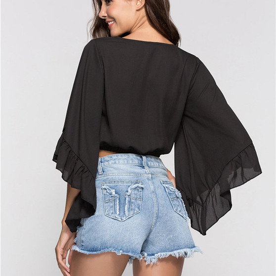 Trumpet Long Sleeve Ruffle Chiffon Crop Top