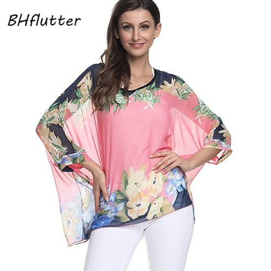 BHflutter 4XL 5XL 6XL Plus Size Blouse Shirt Women New Striped Print Summer Tops Tees Batwing Sleeve Casual Chiffon Blouses 2019