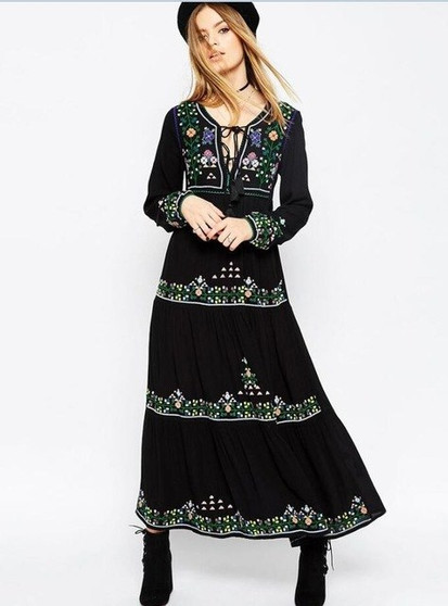 Black dress floral embroidered boho dress