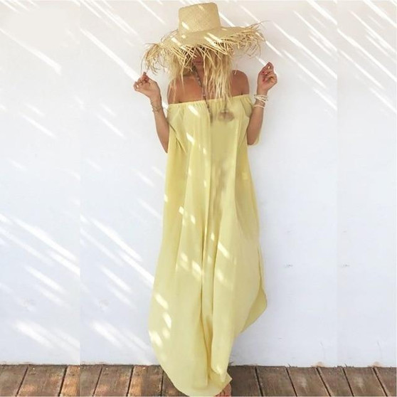 Summer Boho Women Off Shoulder Dress Bohemian Loose Split Long Dress Vintage Print Beach Dress