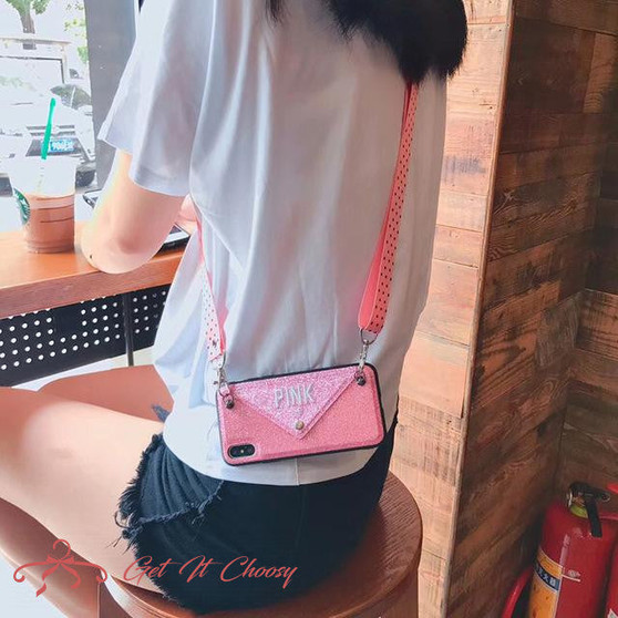 Luxury PINK Glitter Embroidery Leather Case for iPhone 7 7Plus Fashion Wave Point Lanyard Case For iphone XS Max X 8 6 6s Plus