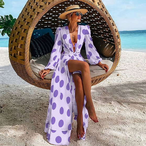 Beach Dress 2020 Bikini Cover Up Print Bathing Suit Women Kimono Plus Size Tunic Sexy Long Sleeve Swimwear Cover-Ups