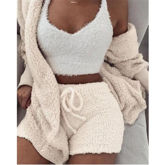 Women Coral Velvet Pajamas Set Spring Autumn Winter Pajamas 3 Three Piece Set Sleepwear Tops Shorts Coat Suit Size S-3XL