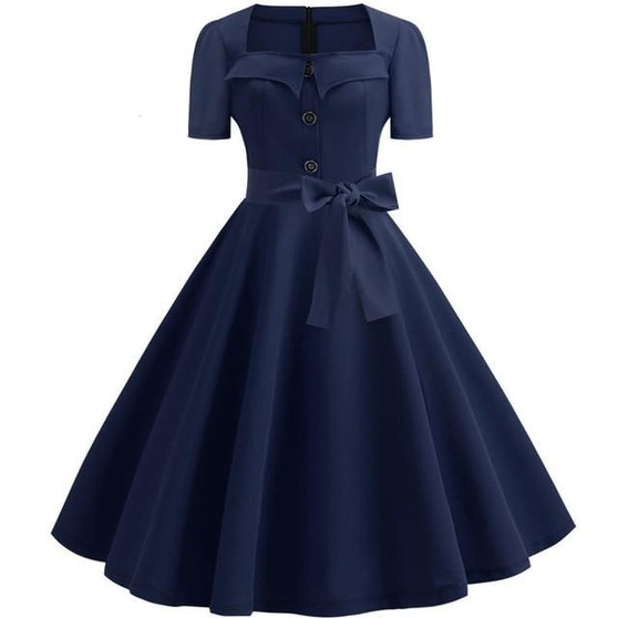 Blue Square Collar Large Polka Dot Swing Dress