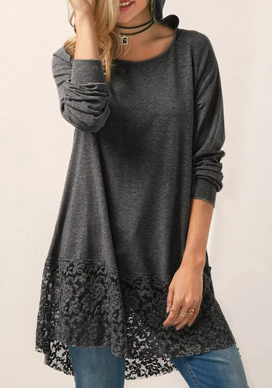 Dark Grey Patchwork Lace Irregular Hooded Casual T-Shirt