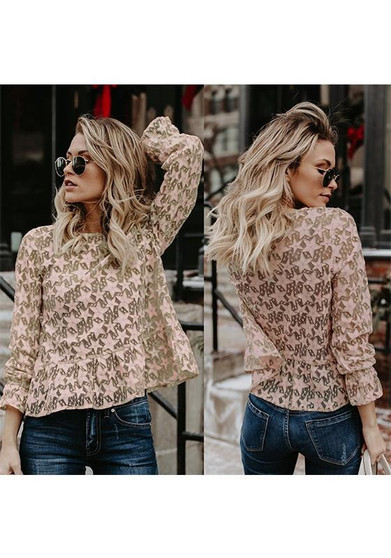 Apricot Lace Round Neck Long Sleeve Fashion T-Shirt