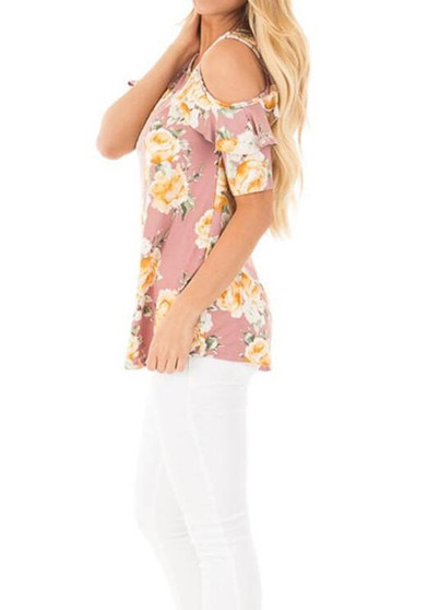 Pink Floral Print Cut Out Off-shoulder Ruffle Oversize Sweet T-Shirt