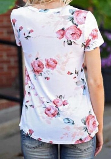 White Flowers Print Round Neck Short Sleeve Fashion T-Shirt