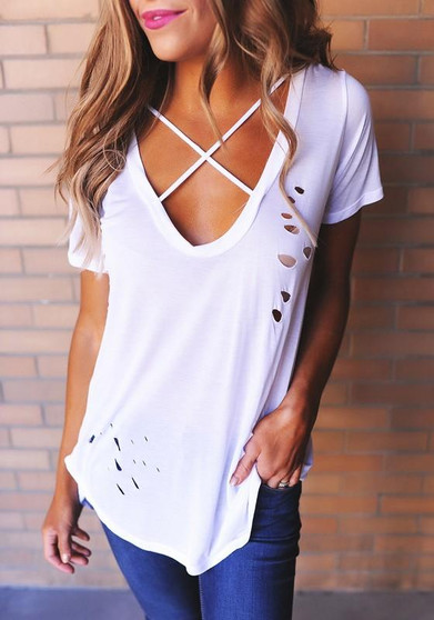 White Plain Cut Out Ripped Destroyed Deep V-neck Short Sleeve T-Shirt