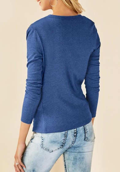 Blue Irregular Ruffle Round Neck Long Sleeve Casual T-Shirt