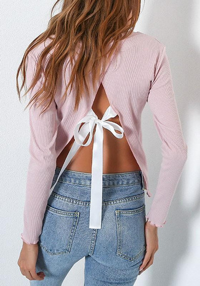 Pink Tie Back Cut Out Open Back Long Sleeve Fashion T-Shirt