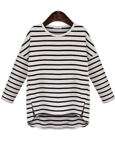 White Striped Irregular Round Neck Long Sleeve Casual T-Shirt