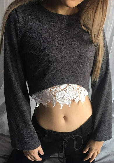 Grey Patchwork Lace Crop Round Neck Long Sleeve Casual T-Shirt