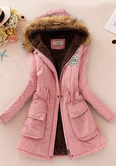 Pink Patchwork Drawstring Faux Fur Pocket Parka Hooded Long Sleeve Coat