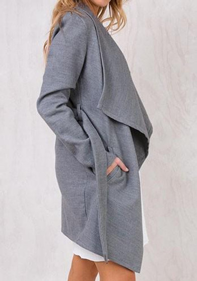Grey Pockets Irregular Sashes Turndown Collar Long Sleeve Cardigan Coat