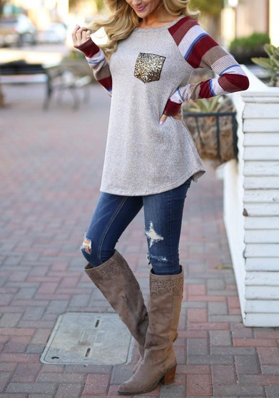 Burgundy Striped Patchwork Sequin Pockets Round Neck Long Sleeve Casual T-Shirt