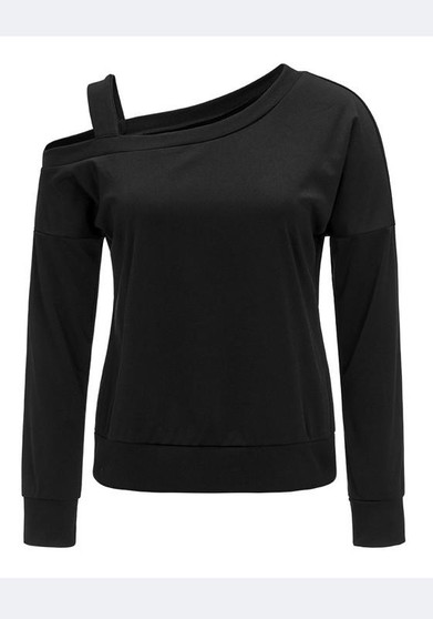 Black Irregular Asymmetric Shoulder Long Sleeve Fashion T-Shirt