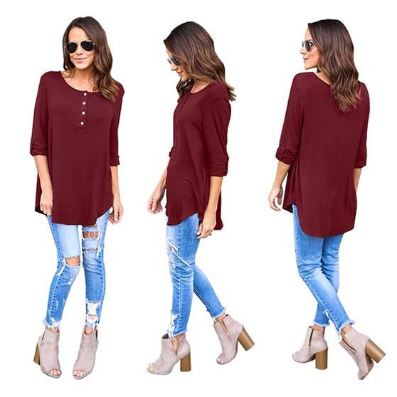 Red Plain Single Breasted Round Neck Long Sleeve Casual T-Shirt