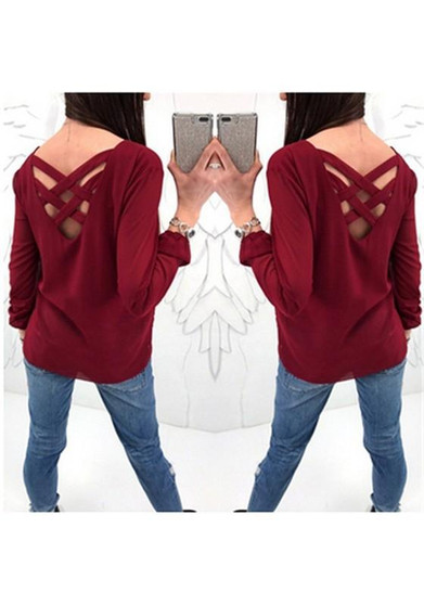 Red Zipper Cut Out V-neck Long Sleeve Casual T-Shirt
