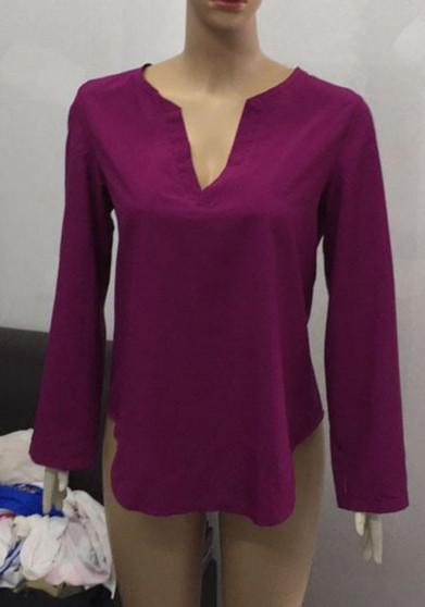 Purple Plain V-neck Long Sleeve Casual Loose T-Shirt