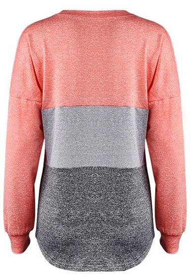 Red Color Block Print Round Neck Long Sleeve Casual T-Shirt