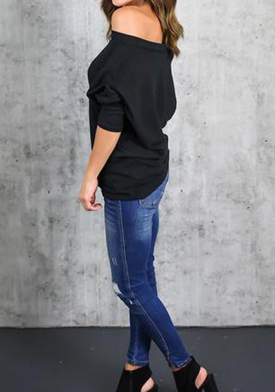 Black Distressed Hollow-out Off Shoulder Fashion Polyester T-Shirt