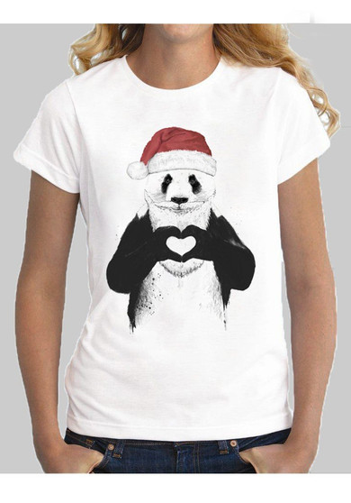White Santa Panda Print Christmas Festival Cute Round Neck T-Shirt