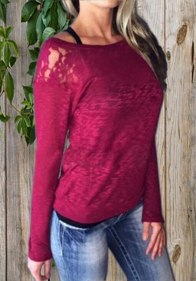 Red Patchwork Lace Round Neck Long Sleeve Fashion T-Shirt