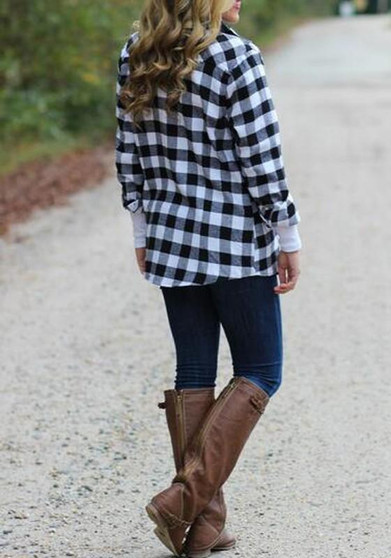 White-Black Plaid Single Breasted Pockets Turndown Collar Long Sleeve Casual Blouse