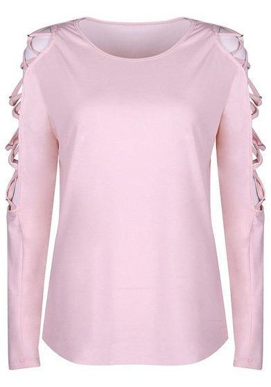 Pink Cut Out Round Neck Long Sleeve Fashion T-Shirt