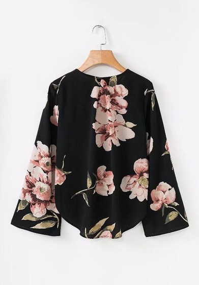 Black Floral Irregular V-neck Long Sleeve Fashion Blouse