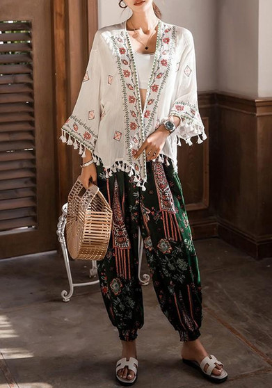White Floral Embroidery Tassel Long Sleeve National Coat
