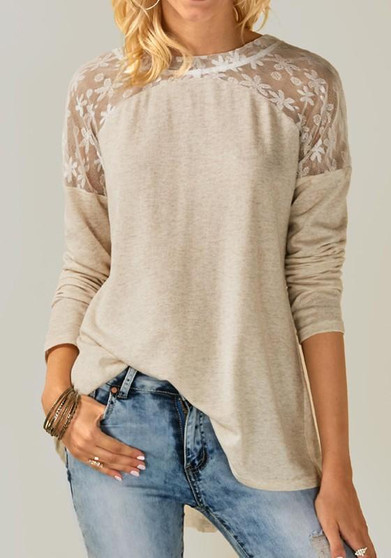 Beige Patchwork Lace Round Neck Long Sleeve Fashion T-Shirt