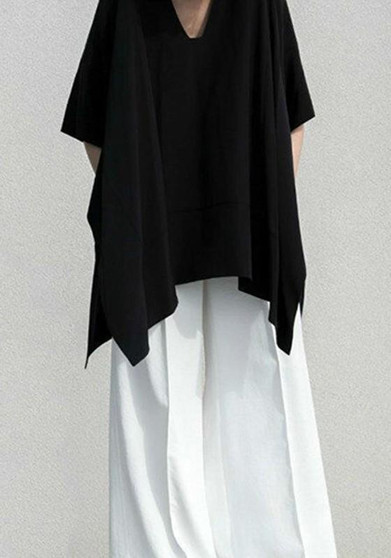 Black Draped Plus Size Batwing Sleeve V-neck Oversized Casual T-Shirt